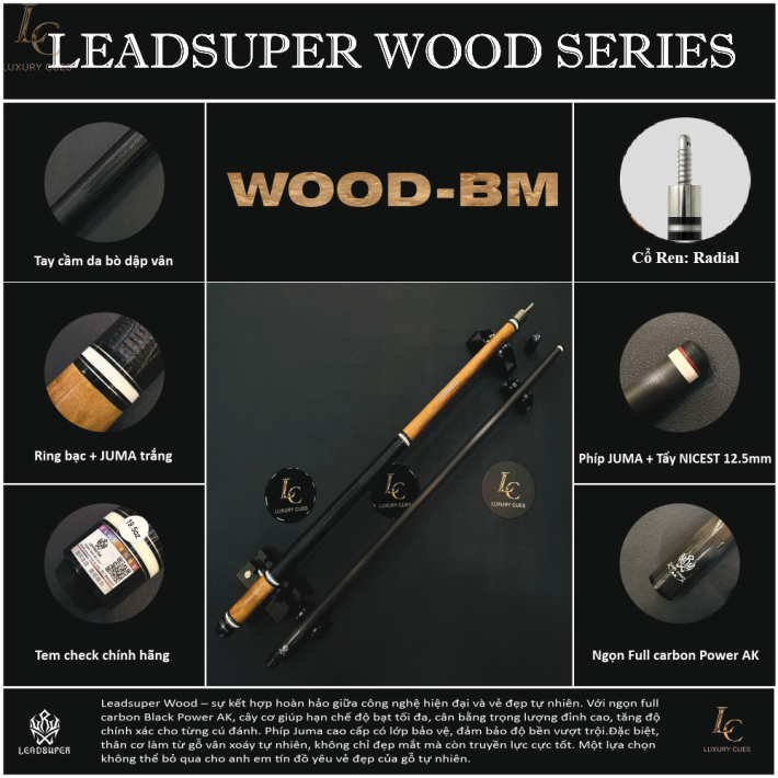 Gậy Bida Lỗ Leadsuper WOOD-BM –Ngọn Full Carbon Chính Hãng