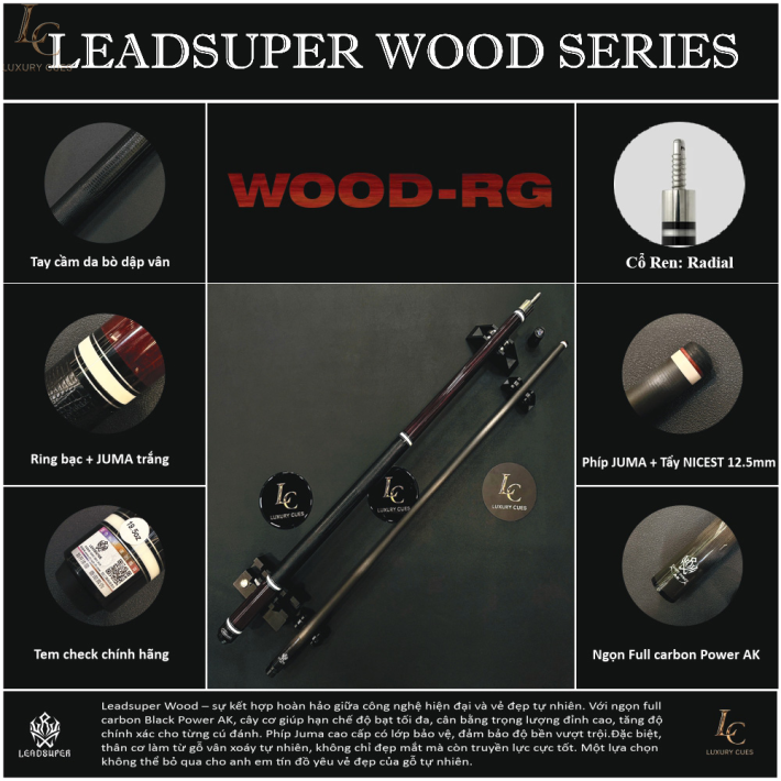 Gậy Bida Lỗ Leadsuper WOOD-RG –Ngọn Full Carbon Chính Hãng