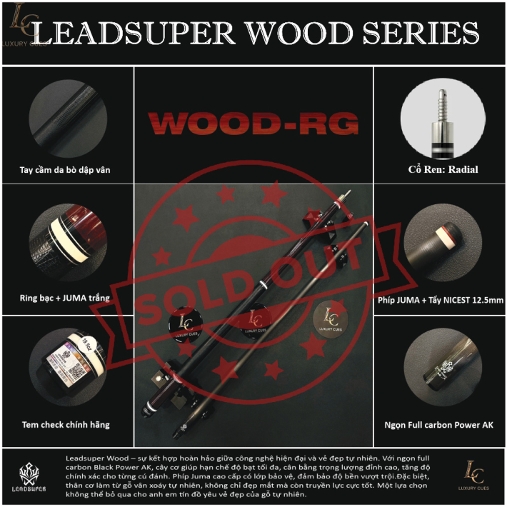 Gậy Bida Lỗ Leadsuper WOOD-RG –Ngọn Full Carbon Chính Hãng